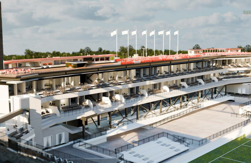 Rendering of the North patio of Toronto Stadium under a cloudy sky