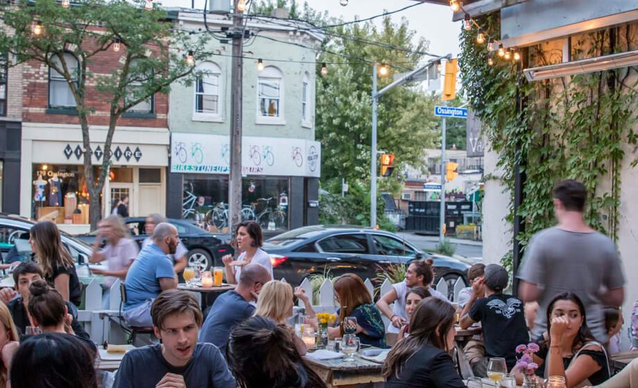 The patio at a brewery in summer on Ossington Street