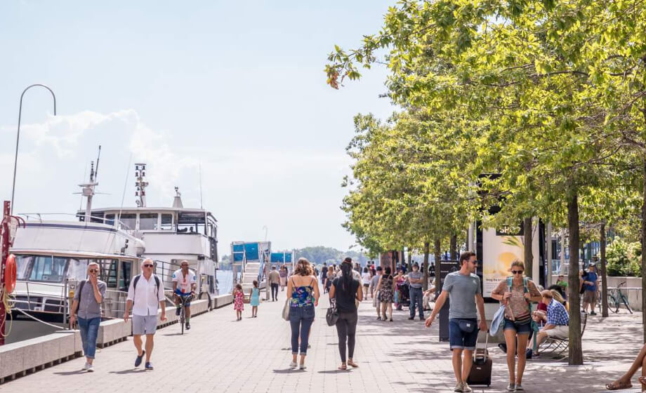 People strolling by the water and boats docked at Toronto Waterfront